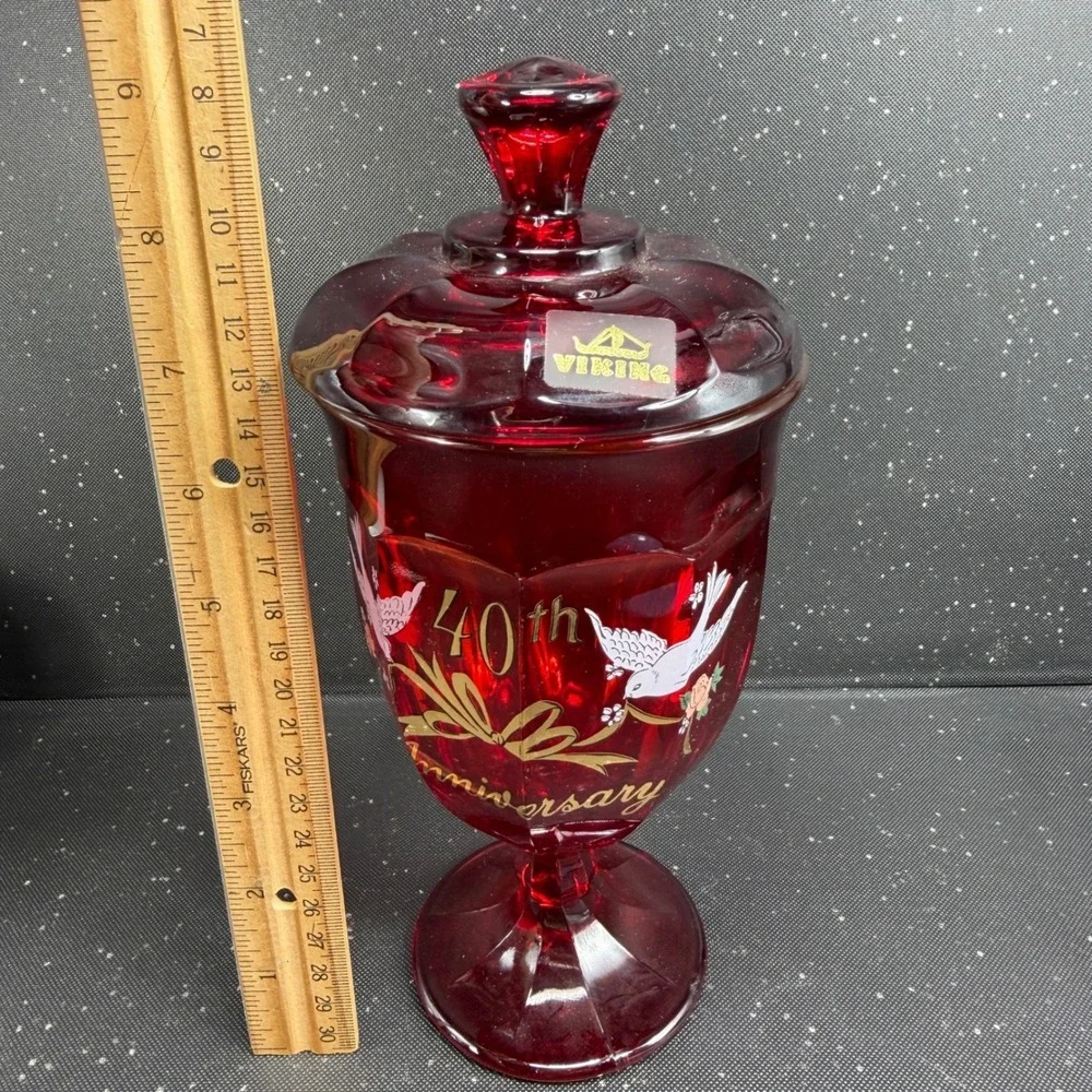 Viking Glass Ruby Red 40th Anniversary Candy Dish with Lid Doves Vintage 9 inch